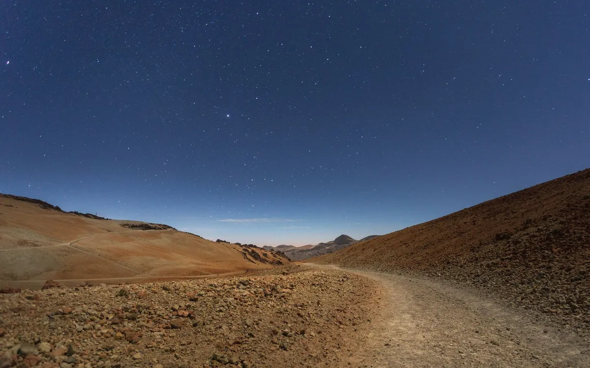 Pale pumice fields and a winding track across the Teide National Park plateau under a star-filled night sky